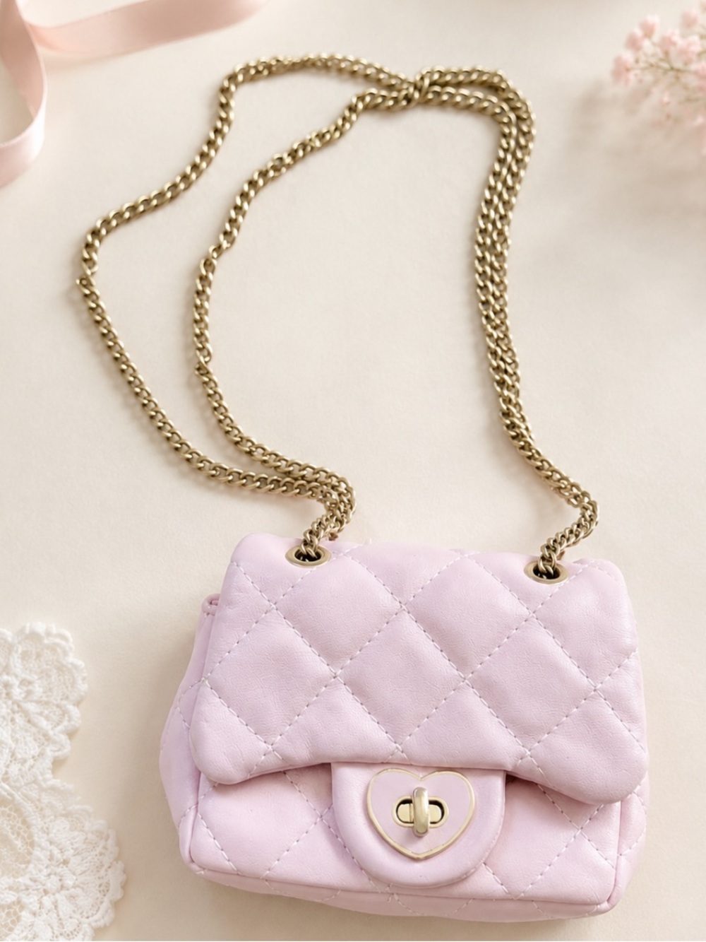 Mibasies Girls Quilted Pink Chain Shoulder Bag with Turn-Lock Coquette Style